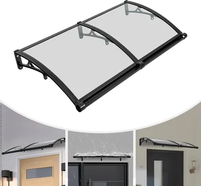 Zdjęcie produktu dla Daszek nad drzwiami i oknami – montaż na ścianie 120 x 60 cm – z rynną odprowadzającą wodę – ochrona przed deszczem i słońcem – stop aluminium – przezroczysty/czarny