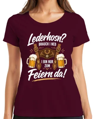 Obrázek produktu pro Lederhosen – Pouze na slavnosti. Dámské tričko s motivem "Lederhosen" a "Dirndl", barva: vínová, velikost: XL