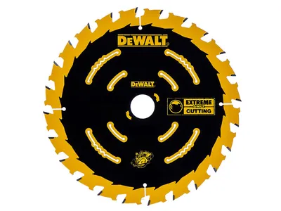 A circular saw blade with yellow teeth and black body, with brand logos and text.