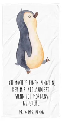 Produktbild von Mr. & Mrs. Panda Handtuch Pinguin marschieren - Weiß - Geschenk, Großes Badehandtuch, Strandtuch, Applaus, Unausgeschlafen, Schwester, Aufstehen, Duschtuch, Duschhandtuch