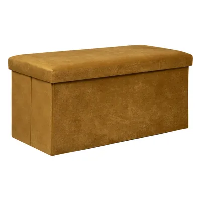 A studio shot of a gold velvet storage ottoman.