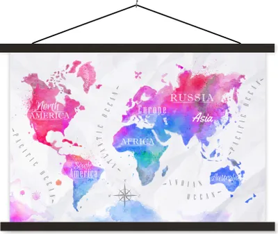 Produktbild von MuchoWow® Textilposter Farben - Weltkarte - Ölfarben 90x60 cm mit schwarzem Rahmen - Aufhängungssatz