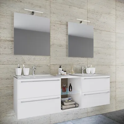 Produktbild von VCM 3-tlg. Set | 2 Waschtisch, 2 Spiegel, 2 Waschbecken, 1 Mittelfach | Keramik Waschbecken | Unterschrank 155 cm | Badmöbel Set Doppel Waschplatz - Badinos XXL