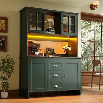 Obrázek produktu pro Kuchyňská skříňka/komoda, zelená, rozměry 120x40x179 cm, se skleněnými dvířky a LED osvětlením