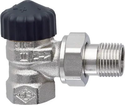 A close-up studio shot of a Heimeier thermostat valve.
