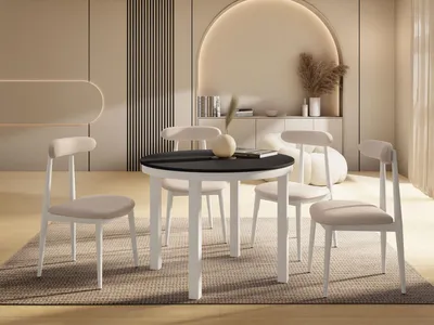 Produktbild von Runder Ausziehbarer Esstisch mit Weißem Metallgestell – Tisch mit Weißen Metallbeinen im Loft-Stil – Platzsparender Tisch für Wohnzimmer, Esszimmer oder Küche – Schwarz – 100 bis 180 cm