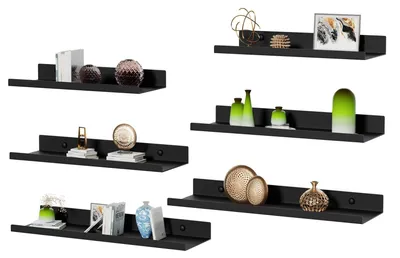Productafbeelding van Zwarte metalen wandplanken, set van 6, zwevende planken in industriële stijl voor boeken, decoratie en organisatie – wandplanken voor woonkamer, keuken, badkamer, slaapkamer en kantoor