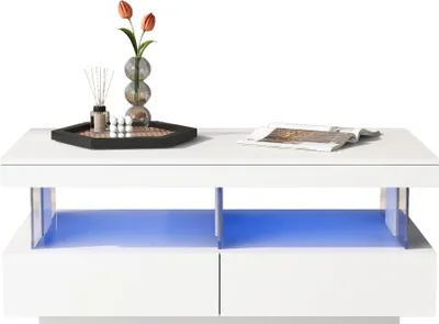 Produktbild von okwish Couchtisch Beistelltisch,Moderner Sofatisch,Weiß Glanz Kaffeetisch mit LED-Leuchten und 2 Schubladen Lagerung für Zuhause 100*60*49.5cm