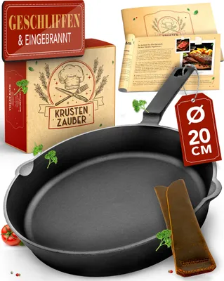 Produktbild von KRUSTENZAUBER Gusseisenpfanne Induktion 20cm inkl. Anleitung und Rezeptbuch - Geschliffene Pfanne Gusseisen, Eisenpfanne, Gusspfanne, Gusseisern