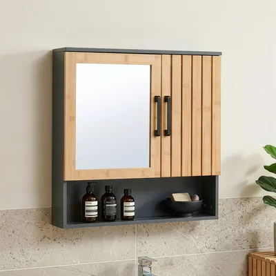 Zdjęcie produktu dla Szafka łazienkowa z lustrem „Svanes” 58 x 56 x 13 cm, 2 drzwiczki, 1 otwarta półka, front bambusowy, kolor ciemnoszary/naturalny