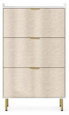 Imagen del producto de Zapatero estrecho con 3 puertas abatibles, frente con textura de tela, estante para 18-24 pares de zapatos. Color: blanco con textura de tela