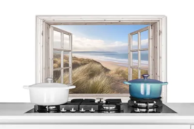 Produktbild von KitchenYeah® Spritzschutz Küche - Küchenrückwand - Wandschutz für Herd und Spüle - Durchblick - Strand - Meer - Dünen - Strandgras - Sand - Blau 80x55 - Alu-Dibond (Alternative zum Spritzschutz aus G