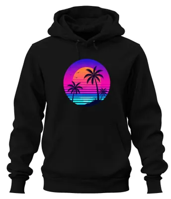 Produktbild von Retro 80s Synthwave Sonnenuntergang Palmen Vaporwave Neon Hoodie Kapuzenpullover, Schwarz, L