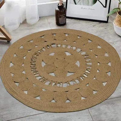 Image de Omgoods - Tapis rond en jute - Tissage artisanal, style bohème, idéal pour le salon et la chambre