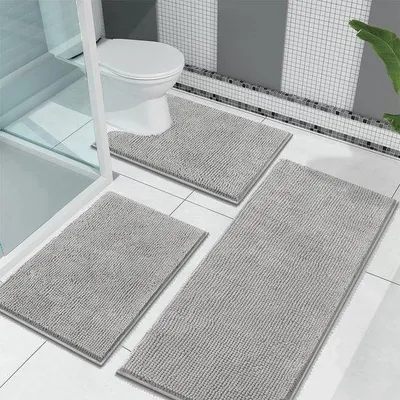 Immagine prodotto di Set da bagno Unyqoos® composto da 3 tappetini in ciniglia grigia con base in PVC antiscivolo – dimensioni: 45x65 cm, 45x120 cm e forma a U 50x60 cm, altamente assorbenti