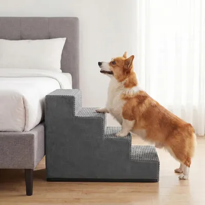 Produktbild von FEANDREA Hundetreppe für Kleine Hunde, 4 Stufen Waschbare Katzentreppe aus Schaumstoff für Sofa, 62 x 40 x 44 cm, Grau