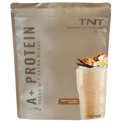 Produktbild von TNT A+ Protein - Vanilla-Cookie (1000g) - Veganer Protein-Shake mit bis zu 76% Eiweiß - Optimiertes Aminosäurenprofil mit 3,5g L-Leucin pro Portion, KI-generiertes Bild