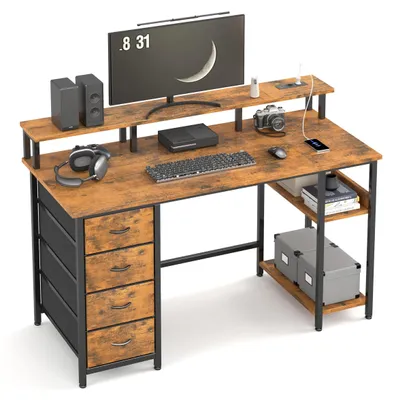 Image de Bureau d'ordinateur avec tiroirs - 120 x 50 cm - Quatre tiroirs en tissu - Ports USB - Marron - Bureau gaming