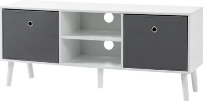 Produktbild von HOMCOM Zusatz-TV-Schrank für Fernseher bis zu 50 Zoll, moderner Wohnzimmer-TV-Tisch mit 2 Stoffschubladen und 2 offenen Regalen, 110 x 29 x 46,5 cm, Weiß und Grau