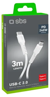 Zdjęcie produktu dla SBS TECABLE3MTCC240W, 3 m, USB C, USB C, USB 2.0, 0,48 Gbit/s, Biały