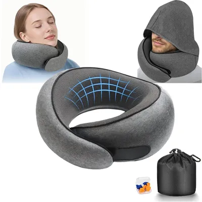 Immagine prodotto di Cuscino da viaggio con cappuccio e imbottitura in memory foam per il sostegno del collo