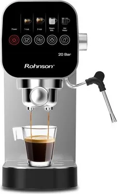 A Rohnson R-98100 espresso machine is shown making coffee.
