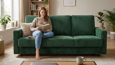 Produktbild von Schlafsofa ALICJA B Idylla – mit Schlaffunktion, Cordstoff in Grün, Family Meble, KI-generiertes Bild