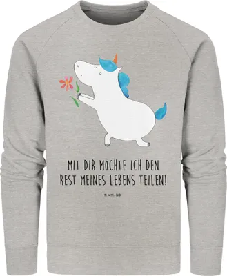 Produktbild von Mr. & Mrs. Panda Baumwoll Pullover Einhorn Blume Größe L - Heather Grey - Geschenk, Ehe, Liebe, Sweater, Freundin, Einhörner, Sweatshirt, Verlobung, Nachhaltiger, Unicorn