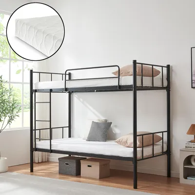 Obrázek produktu pro Kovová patrová postel "Berimma" s 2 matracemi a žebříkem 90 x 200 cm černá