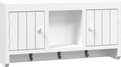 A white wall-mounted cabinet with two doors and a central open shelf, featuring three hooks below.