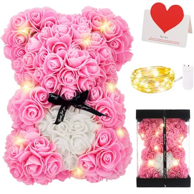 Rosenbär Teddyblume 25 cm mit Box, LED-Licht & Karte