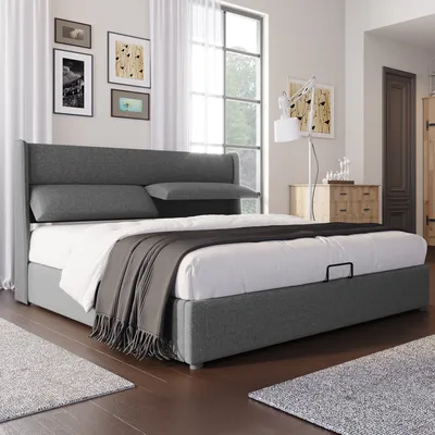 Image de OKWISH Lit coffre 140 x 200 cm – Têtes réglables, sommier à lattes – Gris