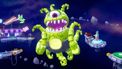 A large, green, one-eyed alien monster with multiple arms and sharp teeth floats in space, surrounded by floating platforms with various structures and neon signs.