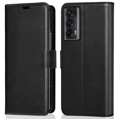 A black leather flip case for a smartphone, shown from two angles.