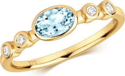 Produktbild von Ring für Damen, 5 Steine, 375/1000 Gold, mit Diamant (0,08 Karat, Farbe HI, Reinheit I1) und Aquamarin, Ringgröße 54 (17,2); Artikelnummer: TRS32332RSN