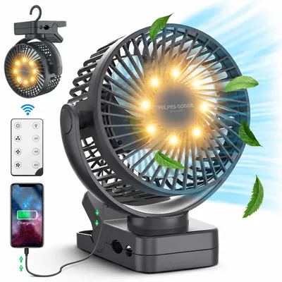 Produktbild von Vulpes Goods Tischventilator, wiederaufladbar und kabellos, leiser Ventilator mit Fernbedienung, 5 Geschwindigkeiten, Beleuchtung & Powerbank-Funktion, KI-generiertes Bild