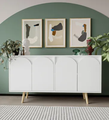 Produktbild von Skye Decor, Hochwertiger Konsolentisch, Weiß, 150 x 80 x 45 cm | 100% melaminbeschichtete Spanplatte, Holzbeine (20 cm) | Wandmontierbar, skandinavisches Design, viele Regale.