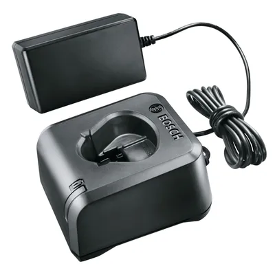 A black Bosch battery charger and power adapter are shown on a white background.