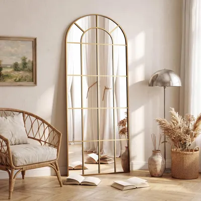Immagine prodotto di Specchio a figura intera, 76 x 180 cm, con cornice in metallo dorato e supporto per essere appoggiato o appeso. Realizzato in vetro di sicurezza