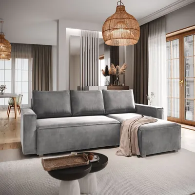 Produktbild von Masseno Ecksofa SILES mit Schlaffunktion L-Form, Sofa mit Bettkasten, Wohnzimmersofa, Couch, Soffa, Bettsofa, Couchgarnitur- Hellgrau, MONOLITH 84