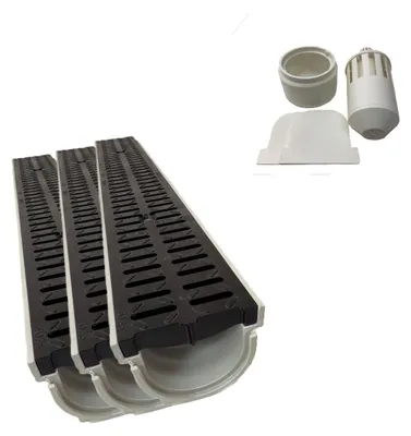 Produktbild von 3x Xanie Entwässerungsrinne mit Kunststoffrost Klasse B 100cm + Ablaufanschluss-Set vertikal