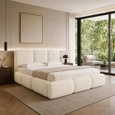 Obrázek produktu pro FURNISTAR čalouněná postel BOVA 120 × 200 cm, čalouněná postel s úložným prostorem a roštem, manželská postel, vzhled postele typu boxspring, krémová