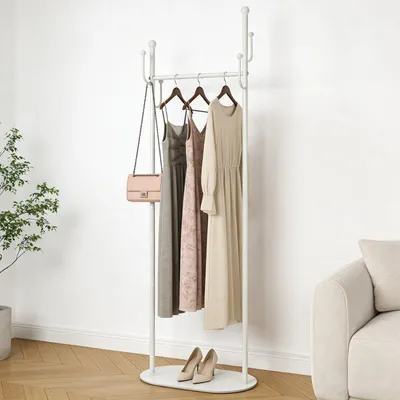 Produktbild von Kleiderständer Weiß Freistehend - Stabile Garderobenständer mit Kleiderstange & 4 Haken, Platzsparender Standgarderobe für Flur & Schlafzimmer