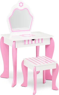 A child's vanity table and stool set with a mirror, drawer, and pink accents.