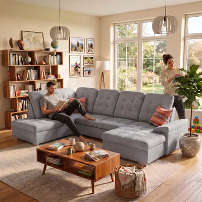 Produktbild von MUFFO Ecksofa U-Form OLIVIA U Links mit Schlaffunktion 124x257 Velours Hellgrau, KI-generiertes Bild