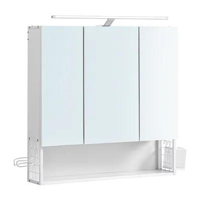 Produktbild von VASAGLE Badezimmerschrank mit 3 Türen, Spiegelschrank, Wandschrank, Stecker, Hängekorb, Haartrockner-Halter, viel Stauraum