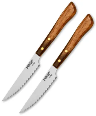 Produktbild von Pirge Elite Steakmesser Set 2 TLG - Wellenschliff Deutschen Edelstahl mit Ergonomischer Poly-Holzgriff - Tafelmesser Scharfe Fleischmesser