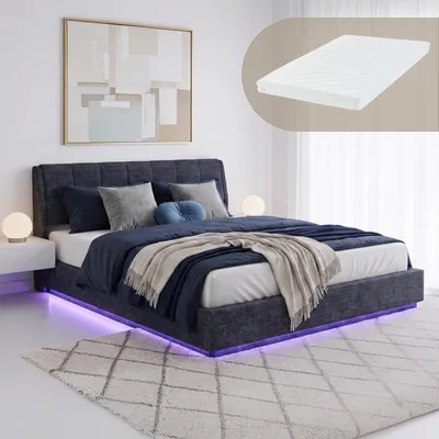 Produktbild von LED Polsterbett 'Tröstiar' mit Bettkasten und Matratze Leinen 180 x 200 cm Blau