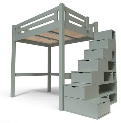 Productafbeelding van Hoge bed in hout, 120x200 cm, model Alpage, met trap en plank - Grijs