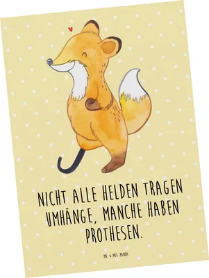 Produktbild von Mr. & Mrs. Panda Postkarte Fuchs Beinprothese - Gelb Pastell - Geschenk, einzelkarte, Beimamputation, Ansichtskarte, Amputation, Postkarten, bildkarte, Grußkarte